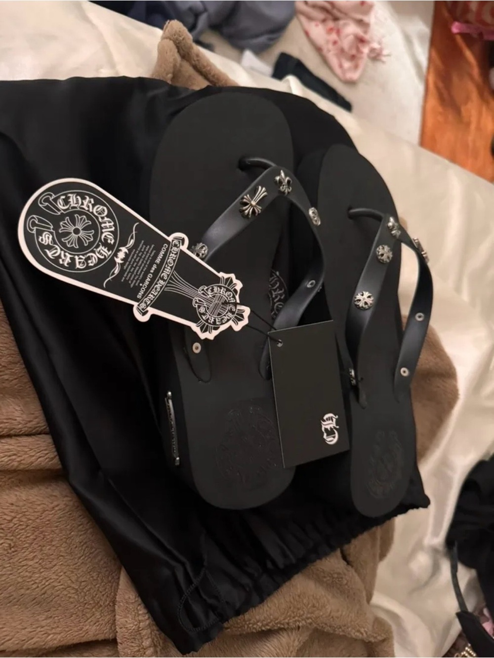 Chrome Hearts Black Studded Leather Flip Flops for women